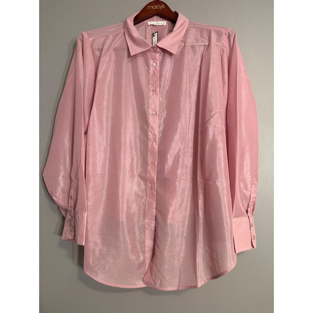 Soncy NWT Pink Sheer Shimmer Button Down Woman's 26